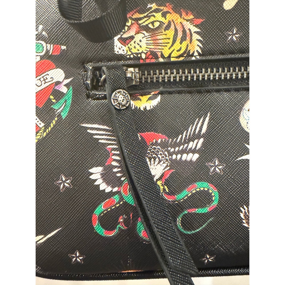 Vintage Y2K Ed Hardy Baguette Bag Tattoo Saffiano Black Tiger Skull Charm Bow - Picture 4 of 6